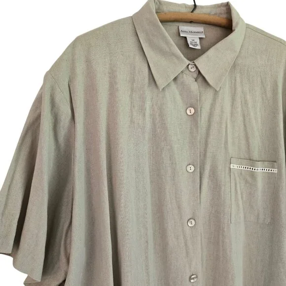 Anna Maxwell Womens Tan 2-Piece Twin Set Shirt & Tank Top Linen Blend 5X - Picture 12 of 16